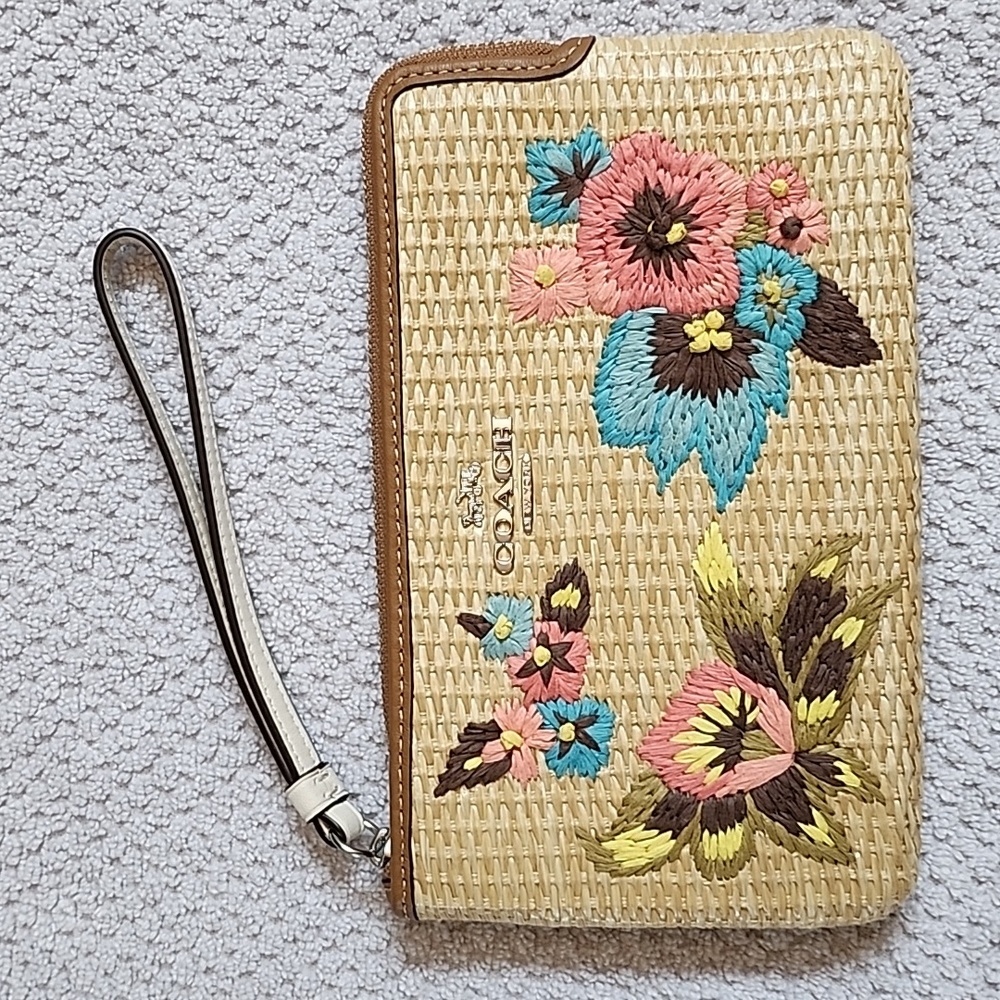Coach Floral Embelished Woven Large Corner Zip Wristlet